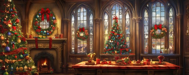 Obraz premium Christmas decoration in front of the window of a fairy tale house.