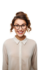 Funny Nerd Woman with curly hair wearing glasses, beautiful nerd girl. Isolated on Transparent background.