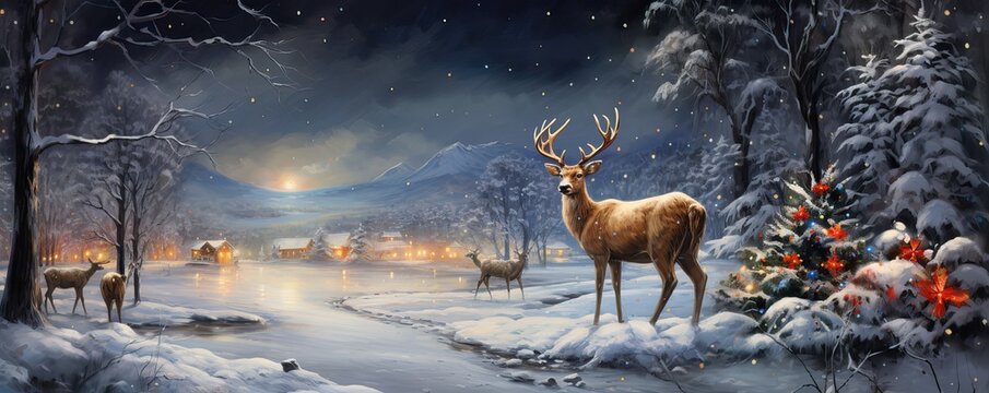 Christmas And New Year Background With Deer In The Forest At Night.