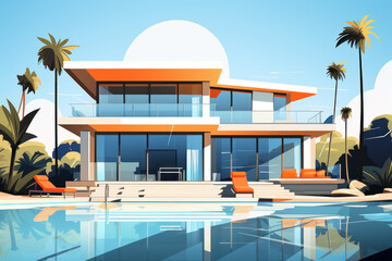 Fototapeta premium Modern country house villa in a minimalist cubic style with swimming pool, illustration of a vacation on the sea coast