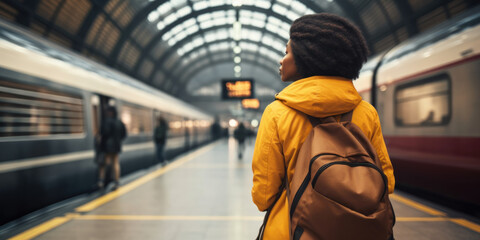 Back view portrait of young african american young woman with backpack waiting the train in metro, generative ai - obrazy, fototapety, plakaty