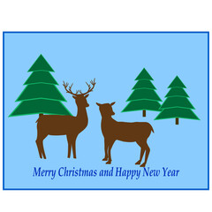 Naklejka premium New Year picture with deer, tree, congratulations