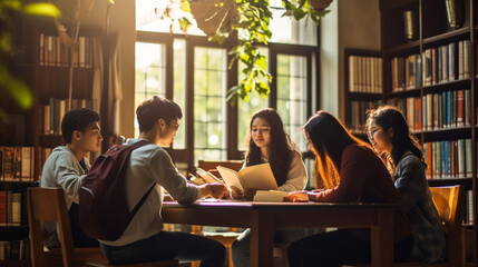 stockphoto, copy space, Group of students having discussion while studying in college library. Group of students sitting around a table studying and learning. Information, books. People doing group st