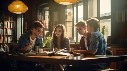 stockphoto, copy space, Group of students having discussion while studying in college library. Group of students sitting around a table studying and learning. Information, books. People doing group st