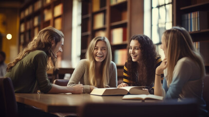 stockphoto, copy space, Group of students having discussion while studying in college library. Group of students sitting around a table studying and learning. Information, books. People doing group st - obrazy, fototapety, plakaty