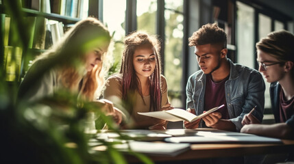 stockphoto, copy space, Group of students having discussion while studying in college library. Group of students sitting around a table studying and learning. Information, books. People doing group st