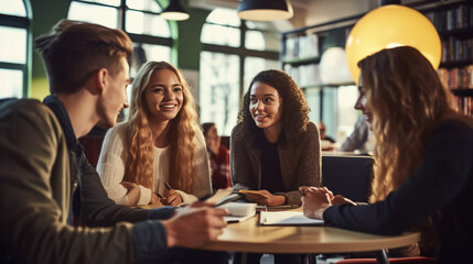 stockphoto, copy space, Group of students having discussion while studying in college library. Group of students sitting around a table studying and learning. Information, books. People doing group st