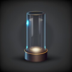open and empty round isometric glass vial rounded base tall thick dark background rimlight fully made of glass volumetric light glossy 3d icon concept art game art 