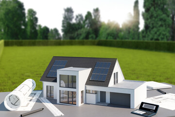 Modell eines Hauses vor Baugrundstück - 660570702