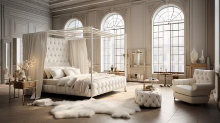 Bedroom with a four-poster bed and a chaise lounge and a white tufted headboard