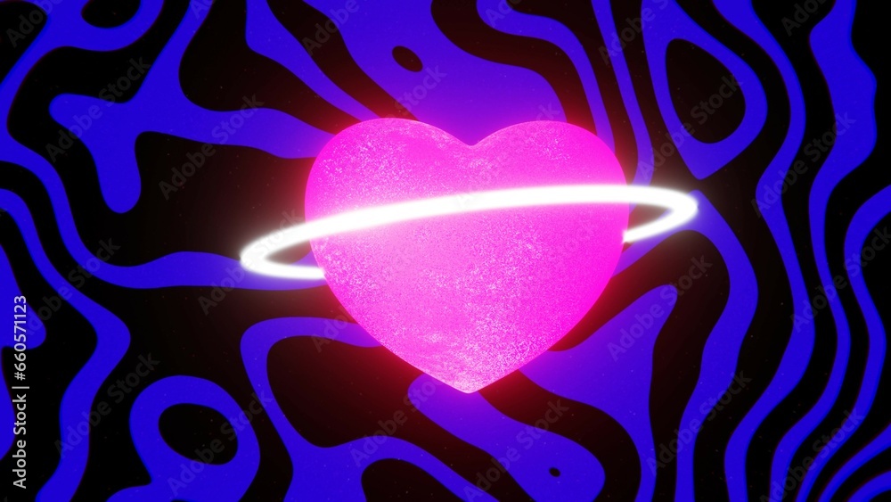 Wall mural neon pink disco planet heart in black space. groovy blue waves. animated valentine day postcard gift