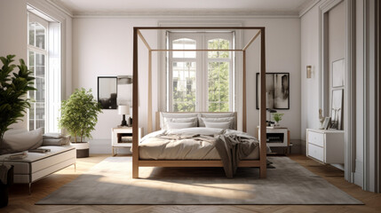 Bedroom with a four-poster bed and wall mounted art and a black and white area rug