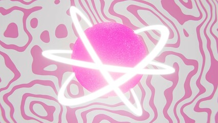 Pink sphere or planet in space. Groovy pink white waves. Digital wireframe net. Synthwave, vaporwave style. Retrowave dynamic animation. Y2K Retro futurism, vintage 80s, 90s