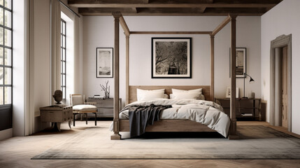 Bedroom with a four-poster bed and wall mounted art and a black and white area rug