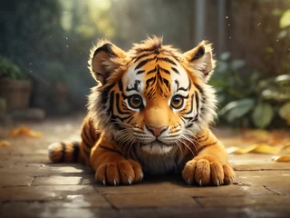 Fototapeten cute tiger cub playing, realistic illustration © ArtistiKa
