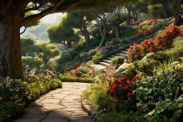 A garden pathway with flowers and trees on both sides leading to a hill with more vegetation. Generative AI