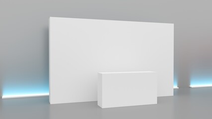 Welcome desk, 3d rendering. Perspective view of a registration stand  banners. Mockup for events, exhibitions and presentations. 