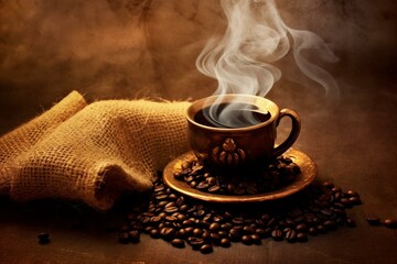 morning coffee with heart-shaped smoke and coffee beans on burlap sack. Generative AI