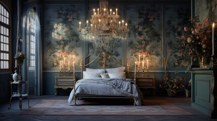 Bedroom with a four-poster bed and a patterned accent wall and a crystal chandelier