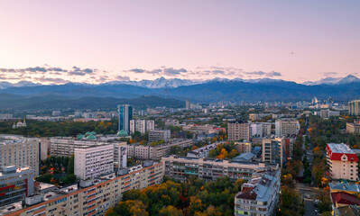 View from a quadcopter of the central part of Almaty - the largest cultural and financial center of Kazakhstan