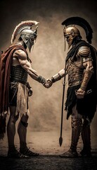 two Spartan warrior friends who are shaking hands 
