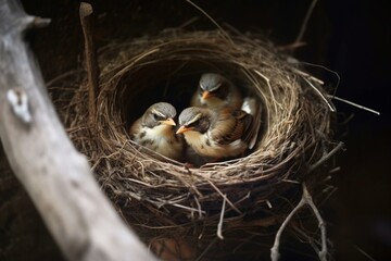 Naklejka na ściany i meble A family of birds settled in a cozy nest. Generative AI