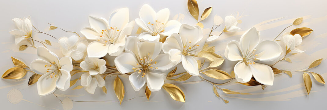 Fototapeta a bunch of white flowers with gold leaves.   Gouache Painting of a White color flower, Perfect for Wall Art.