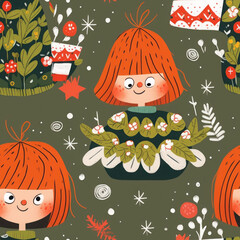 Winter time seamless patterns illustration with kids Christmas, snow, presents