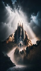 la sagrada familia cathedral high on a mountain spire dark landscape waterfalls trees dramatic clouds by Francis E Jamieson Cinematic Rim Lighting Rays of Shimmering Light Cinematic Lighting  - obrazy, fototapety, plakaty
