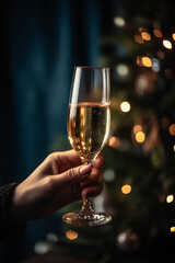 Female hand holds a glass with champagne. Christmas tree with bokeh on background.