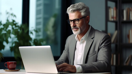 MANAGER TALKS, SPEAKS WITH BUSINESS PARTNERS USING LAPTOP. HORIZONTAL ILLUSTRATION. image created by legal AI