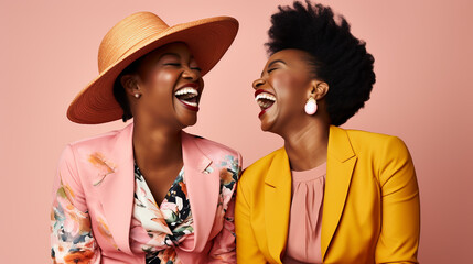 TWO LAUGHING POSITIVE AFRICAN AMERICAN WOMEN. HORIZONTAL IMAGE. image created by legal AI