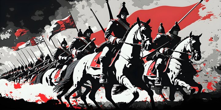 Fusion between Vector art and Oil Paint battle of waterloo Red Black and white 