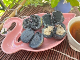 Black Nerikiri Wagashi and Black Spring rolls with tea