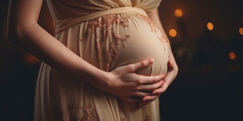 Closeup photo of young pregnant woman holds her hands on her swollen belly. Love concept. generative ai