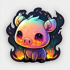 isolated image sticker chibi style cute pig flames glofi vibrant colors creepy kawaii cute 8k 