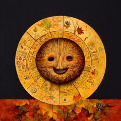 autumn equinox equinox sun and moon with smiling faces falling leaves amber wheel of the zodiac astrological cycle medieval art surreal 