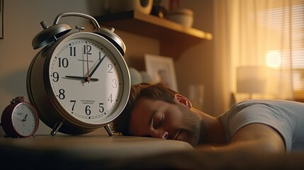Alarm ringing, man sleeping in the bed of his modern apartment in the morning. Lazy, resting.