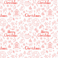 Merry Christmas Happy New Year seamless background pattern. Vector illustration doodles, thin line art sketch icons style concept