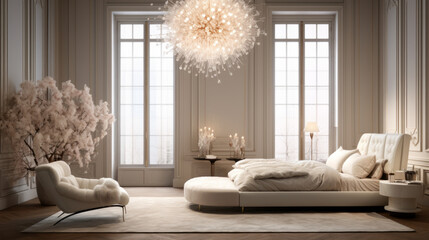 Bedroom with a plush white bed and a leather accent chair and a crystal chandelier - obrazy, fototapety, plakaty