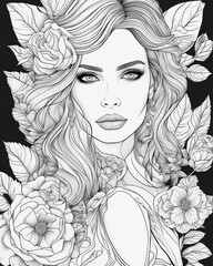 image of a beautiful woman with tattoos, coloring book style, darkly romantic illustration, black and white coloring, detailed beauty portrait, outlined art, illustration black outlining, goddess
