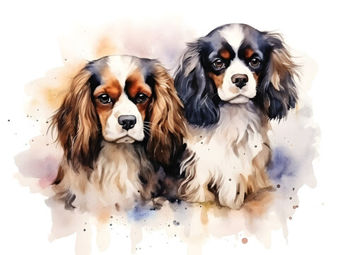 Abstract watercolor painting of a pair of cavalier King Charles Spaniel. It is a doll dog breed with silk hair of medium length soft curls and long ears. Generative AI. Illustration.