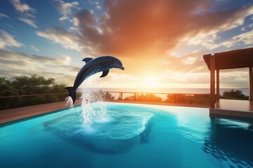 Dolphin leaping pool water with a summery sky backdrop. Generative AI