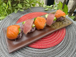 Tuna and Salmon avocadoes sushi meat ball