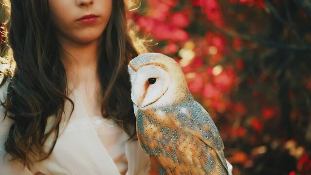 Fantasy portrait girl princess teenager enjoys nature with white bird barn owl on shoulder. Beauty face lips close-up enjoying nature, divine sun light. Autumn nature forest trees. art vintage dress