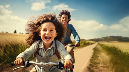 Close-up joyful girl leading her family on a cycling adventure, surrounded by nature's tranquility