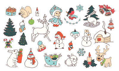 Christmas doodle vector collection. New year celebration elements. Christmas decorations set. Hand-drawn vector illustration.