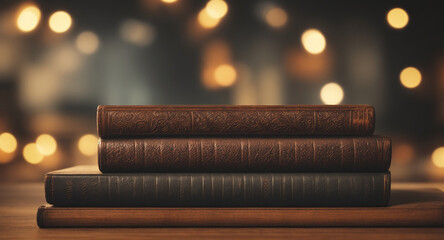 Antique leather books on a wooden table in a university or library with Empty light blur golden bokeh. Copy space. Reading, literature, study, and knowledge concept.