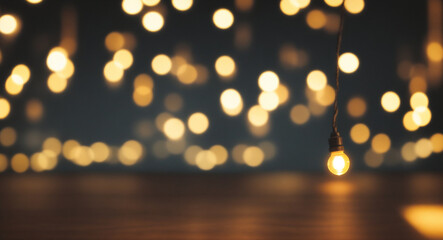 Empty wooden table on blurred lamp light gold bokeh, dark city night abstract banner background, place for your products on the table
