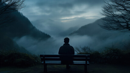 Silhouette of man sitting on bench and looking at the misty landscape - obrazy, fototapety, plakaty